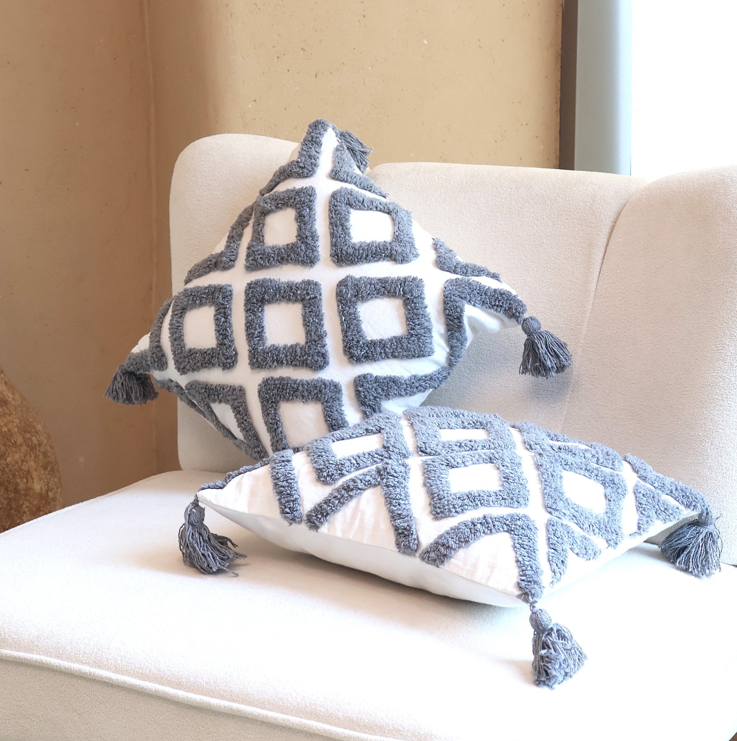 Cotton Tufted Hand-Woven Cushion Covers 16x16 Inches - 2 Pcs Set