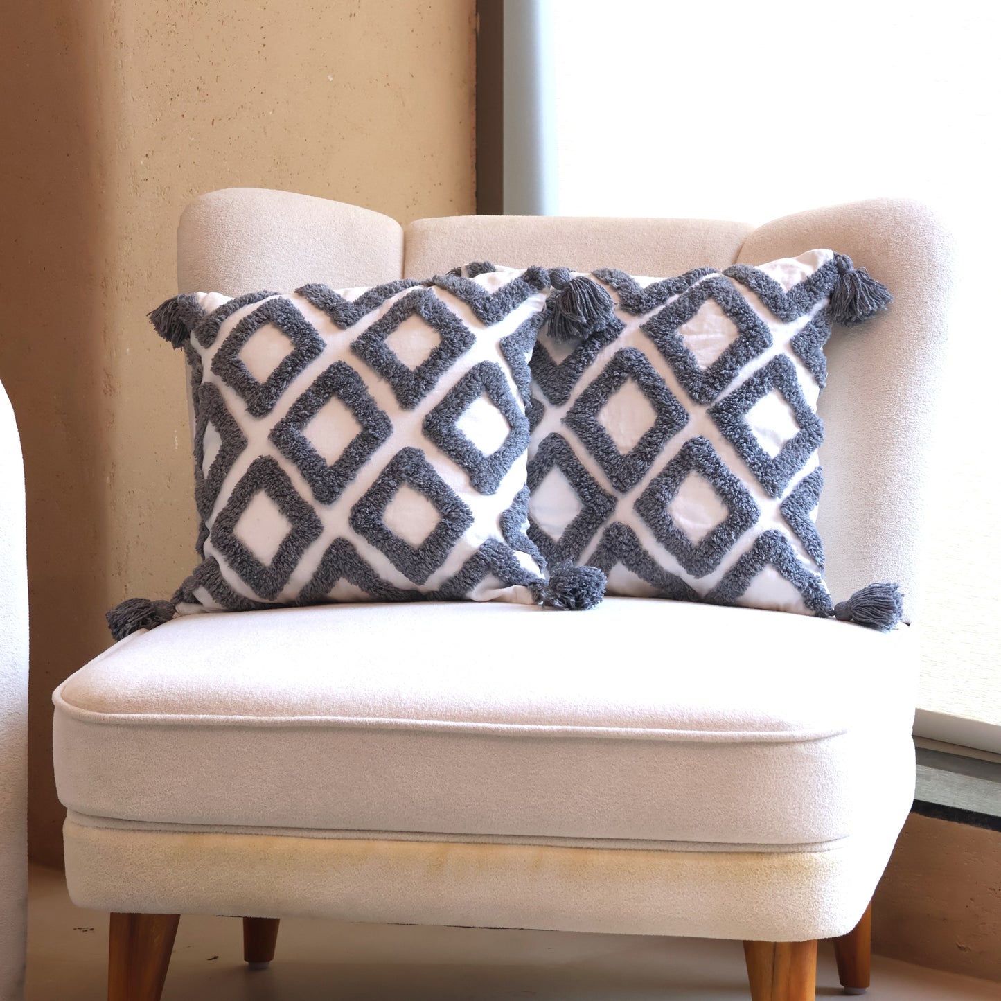 Cotton Tufted Hand-Woven Cushion Covers 16x16 Inches - 2 Pcs Set